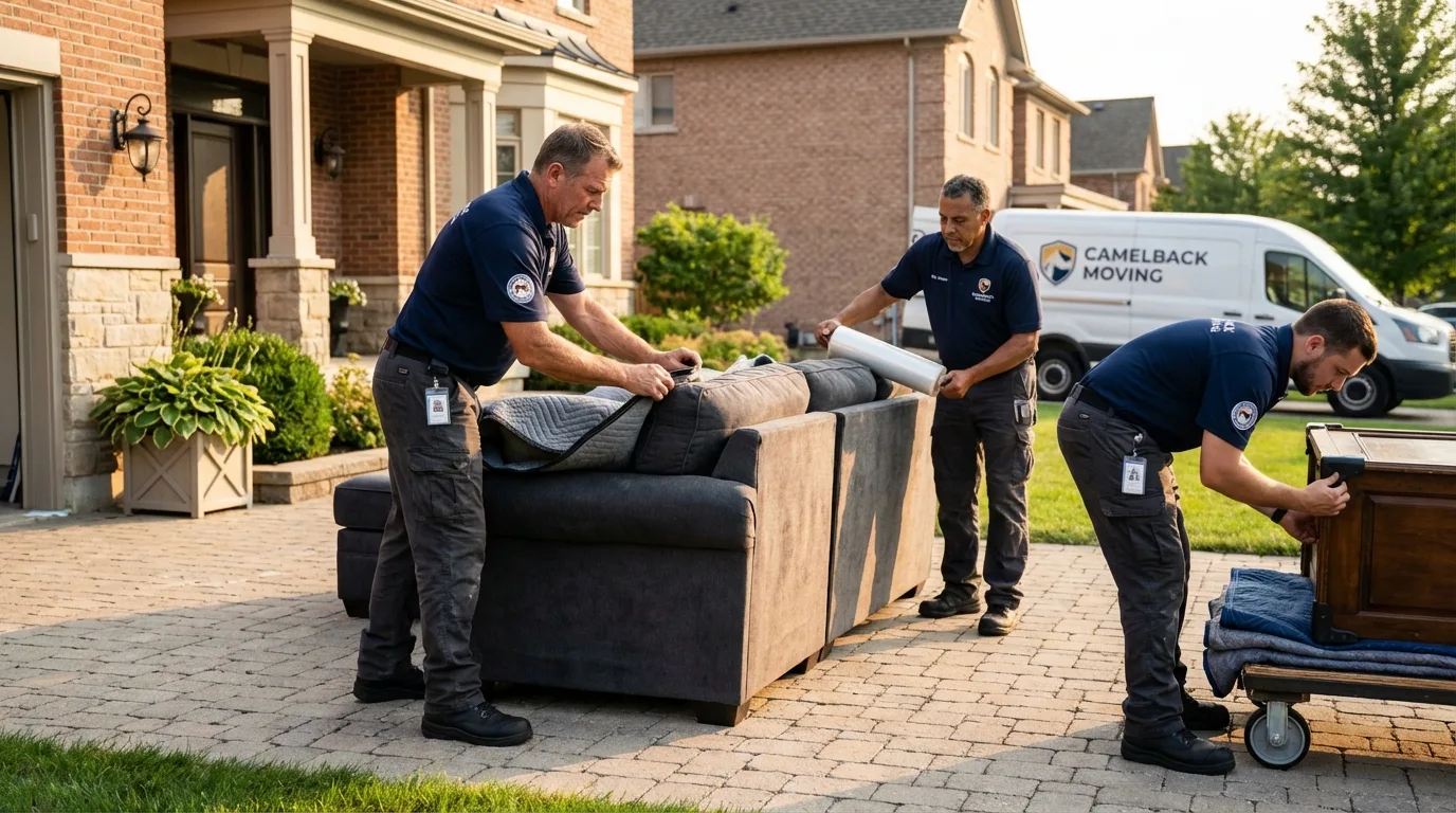 Large estate moving crew wrapping furniture in Charlton, MA