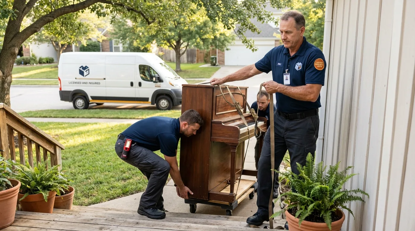 Licensed piano movers securing grand piano in Charlton, MA