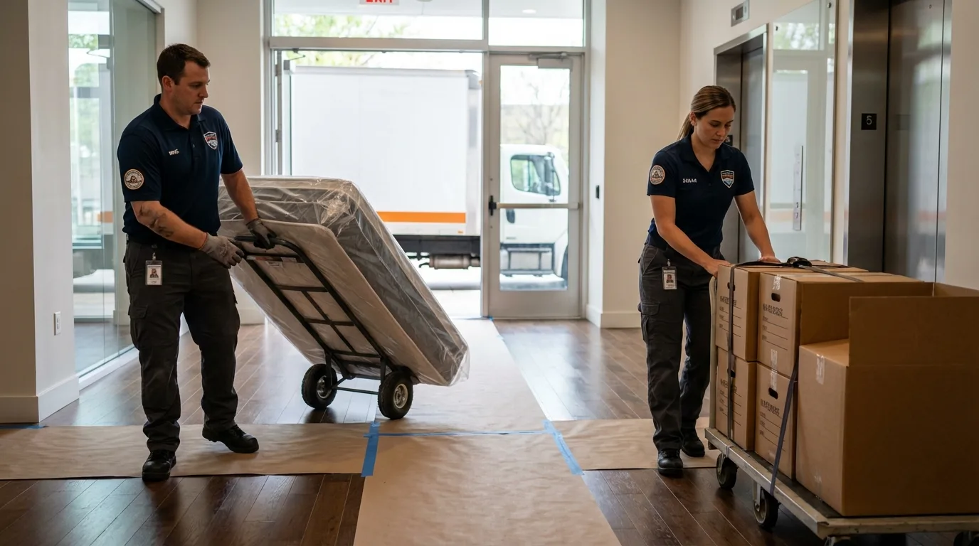 Professional apartment movers loading elevator in Charlton, MA