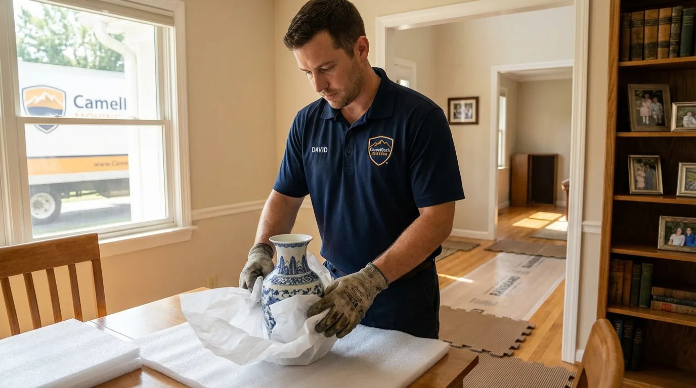 Professional crew carefully wrapping antique vase for senior downsizing move in Charlton, MA