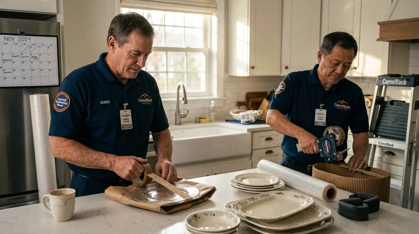 Professional crew packing kitchen dishware in Charlton, MA
